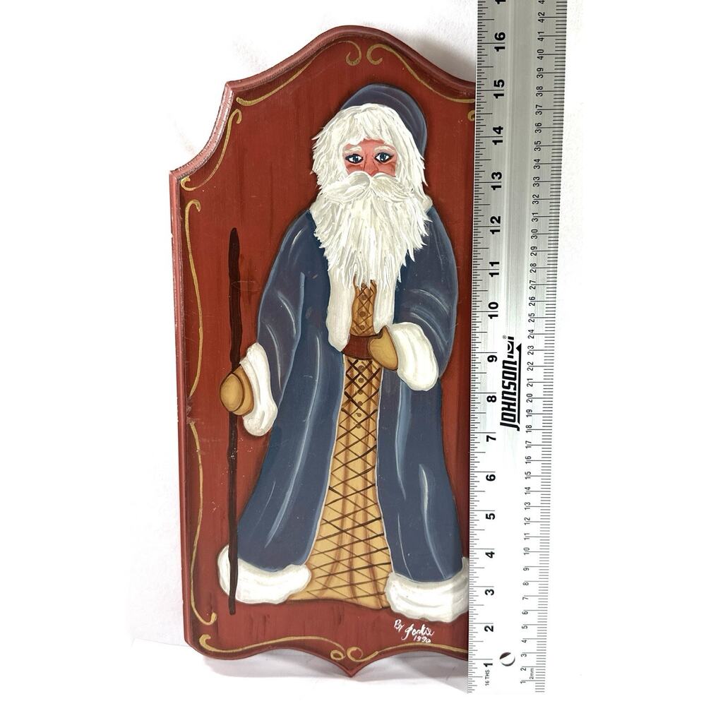 Folk Art Santa Claus Hand Painted Wooden Wall Plaque Signed Forkie 1990 16.5” - Picture 5 of 8
